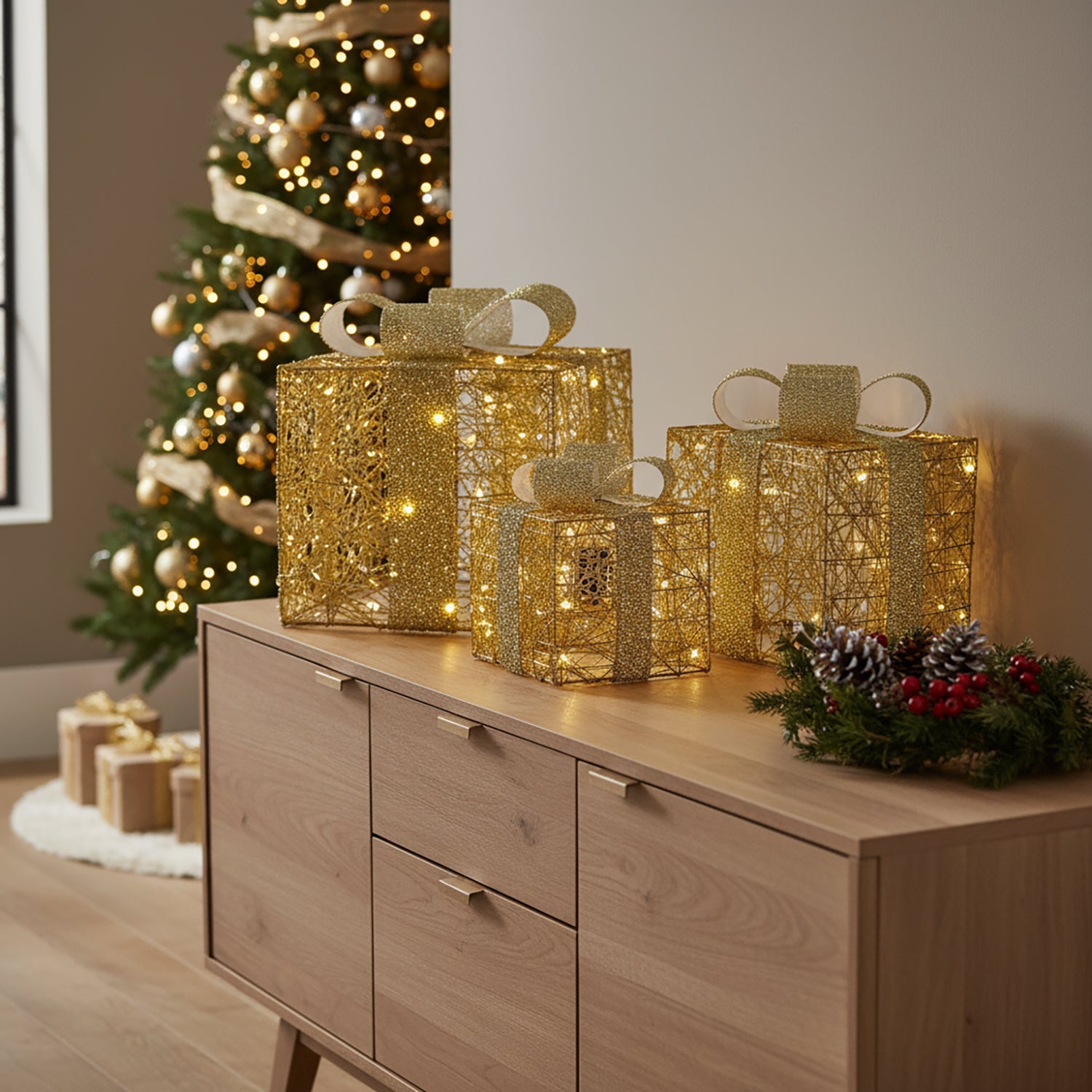 DICTROLUX - Set Pacchi Regalo Luminosi Oro 60 MicroLED Bianco Caldo